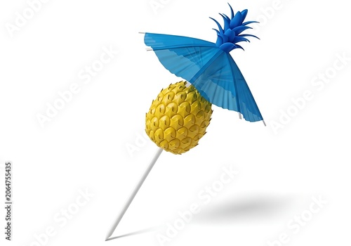 Blue and yellow bird perched on a pineapple lollipop