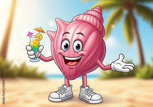 Cheerful pink pig character holding a tropical drink