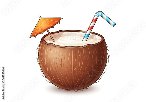 Coconut with straw and umbrella on top for drink