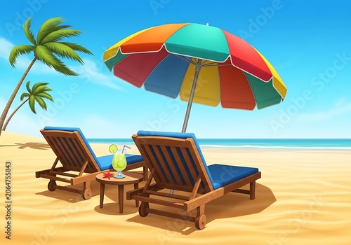 Colorful beach umbrella and chairs on sunny sandy shore