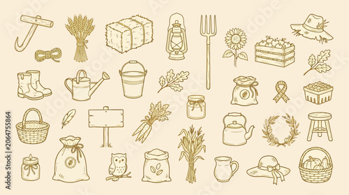 Foto Collection of hand-drawn farm and harvest icons, including tools, crops, and rural elements, on a beige background