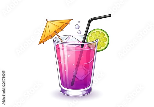 Colorful cocktail drink with lime and paper umbrella in glass