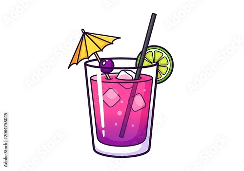 Colorful cocktail drink with umbrella and lime on glass