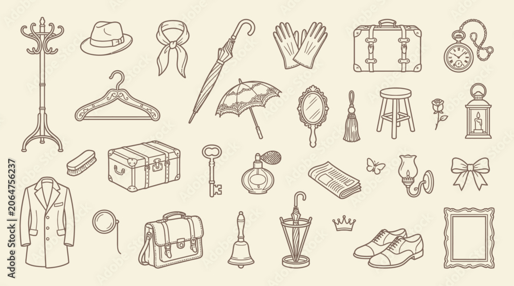 Obraz premium Collection of vintage and antique items, including clothing, accessories, and household objects, hand-drawn in a retro style.