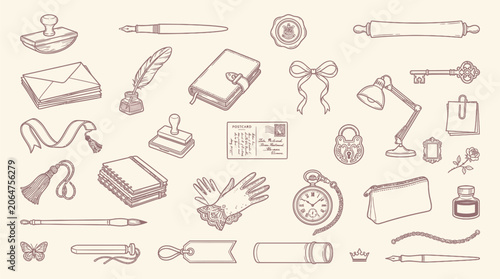 Canvas-taulu Collection of vintage stationery and writing instruments, hand-drawn in a sketch style