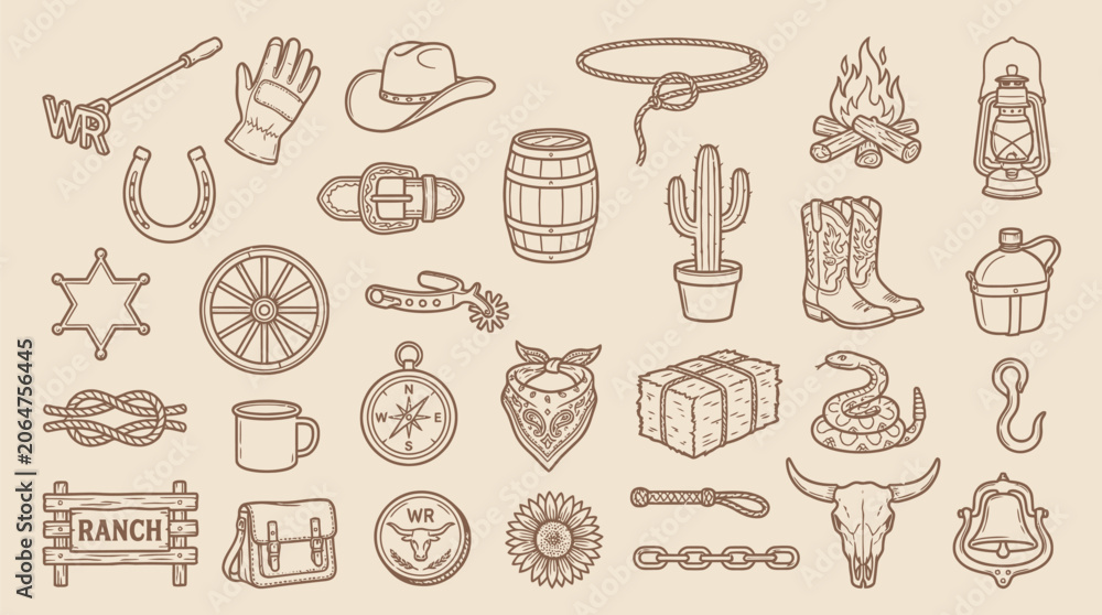 Εκτύπωση καμβά Collection of hand-drawn cowboy and western-themed icons and illustrations on a beige background