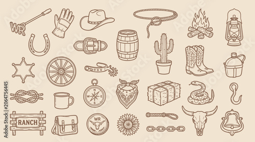 Fotografija Collection of hand-drawn cowboy and western-themed icons and illustrations on a beige background