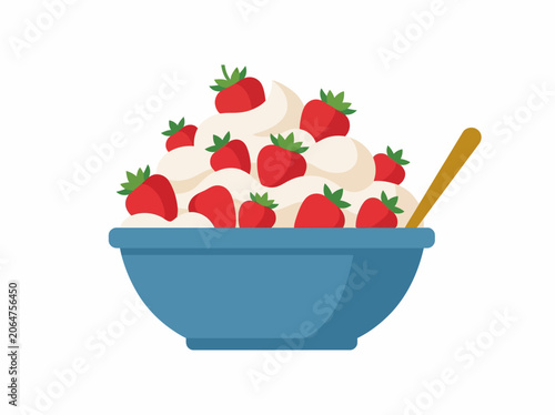 Flat vector illustration of fresh strawberries with whipped cream in a blue bowl with a spoon