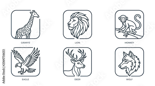 Canvas Print Set of Outline Animal Icons: Giraffe, Lion, Monkey, Eagle, Deer, Wolf