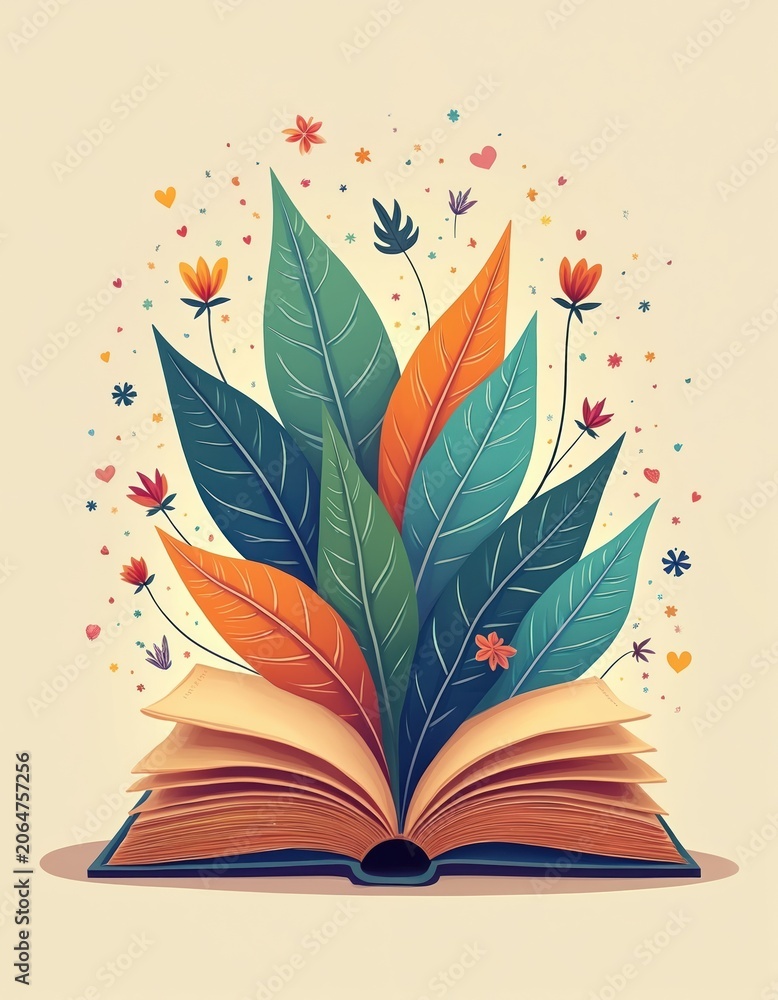 Naklejka premium Opened book with green leaves growing from pages. Floral design art with flying hearts, blossoms. Concept for learning, reading, nature, botany, education, imagination. Illustration for kids story.