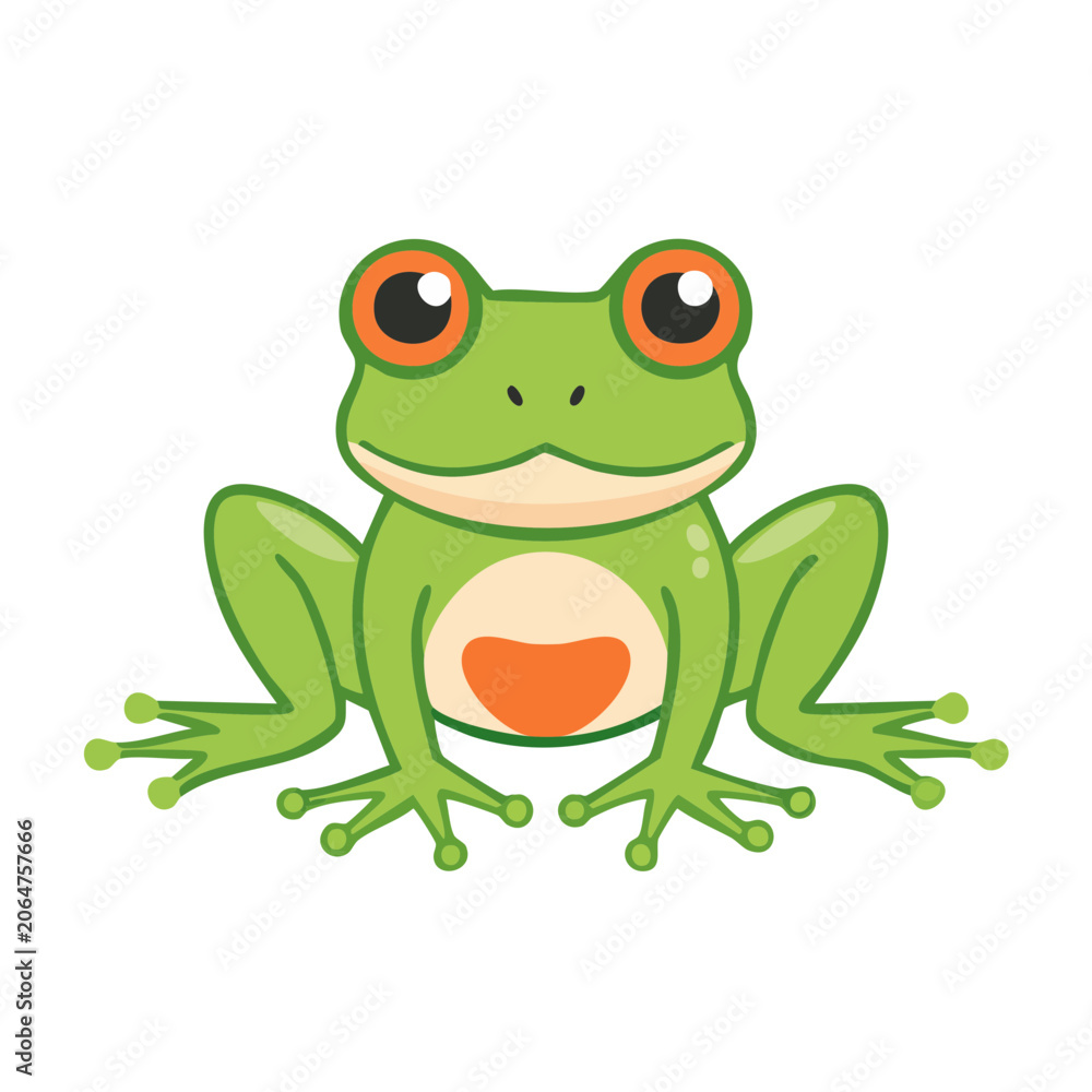 Fototapeta premium Cute cartoon green frog with orange eyes isolated