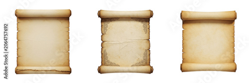 Photos Set of vintage antique parchment paper scroll for historical document message greeting invitation isolated on transparent background, png