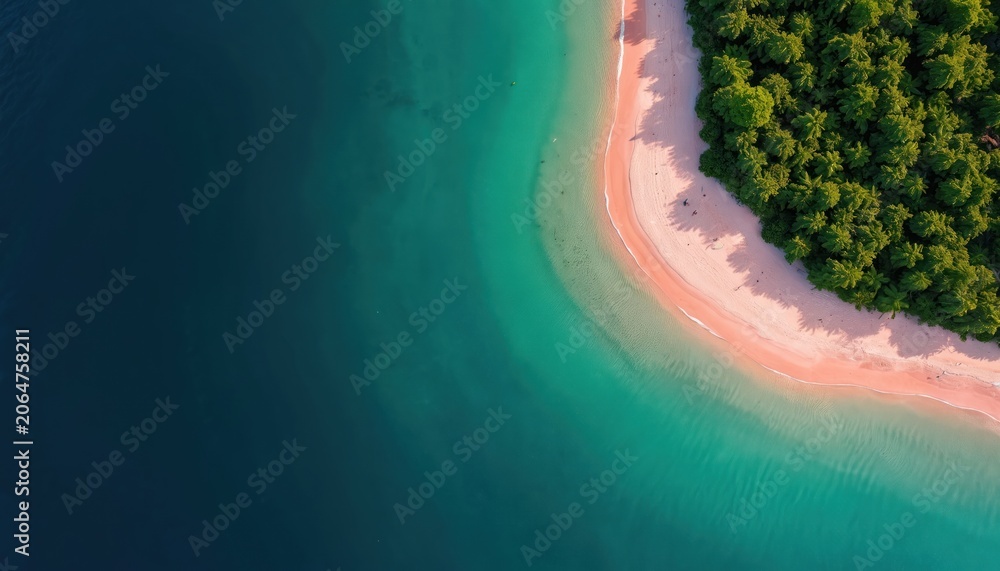 Obraz premium Aerial view pink sand beach with lush green foliage island. Turquoise water surrounds the shore. Tropical nature background. Summer vacation scene for travel companies. Holiday concept.