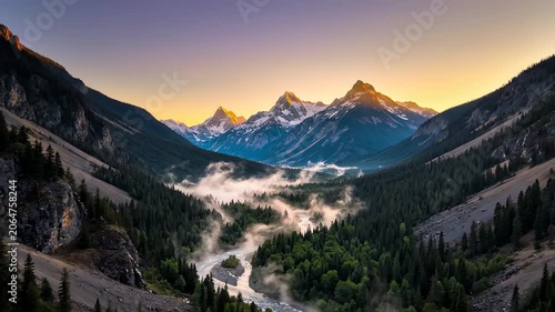 Scenic mountain valley at sunrise with misty river and snow peaks. 4K Video