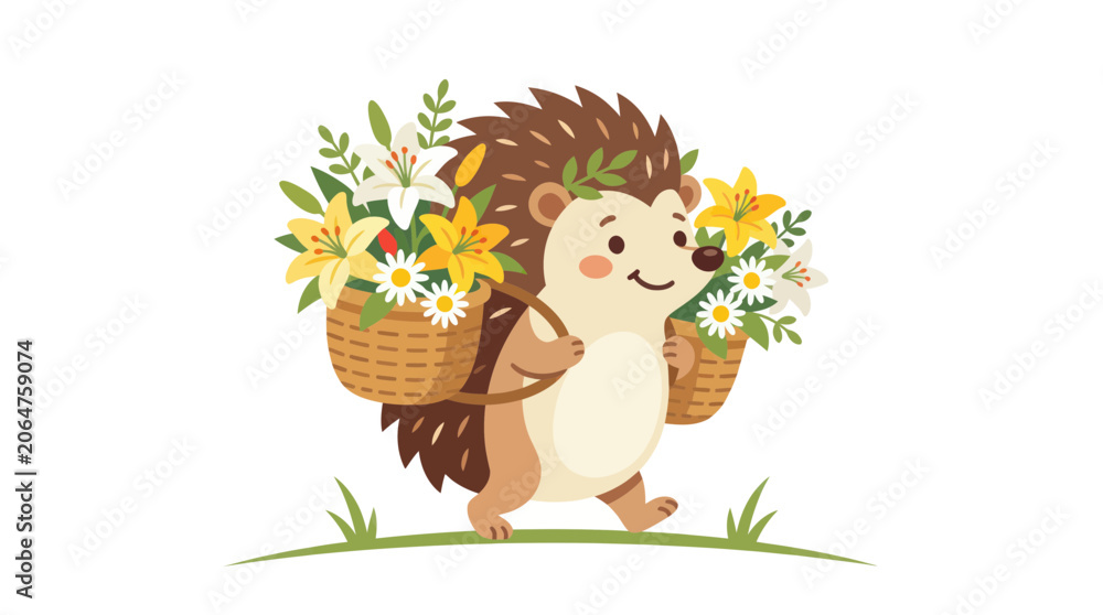 Naklejka premium Cute Hedgehog Carrying Flower Baskets, Springtime Illustration