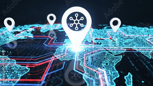 Global Digital Map with GPS Pin Icons and Network Connectivity. 4K Video