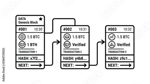Photos Blockchain Technology Illustration: Genesis Block and Linked Transactions