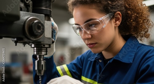 Focused female mechanic wearing safety goggles operates industrial machinery