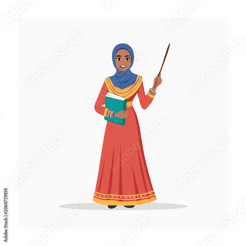 Woman in traditional dress holding book and pointer