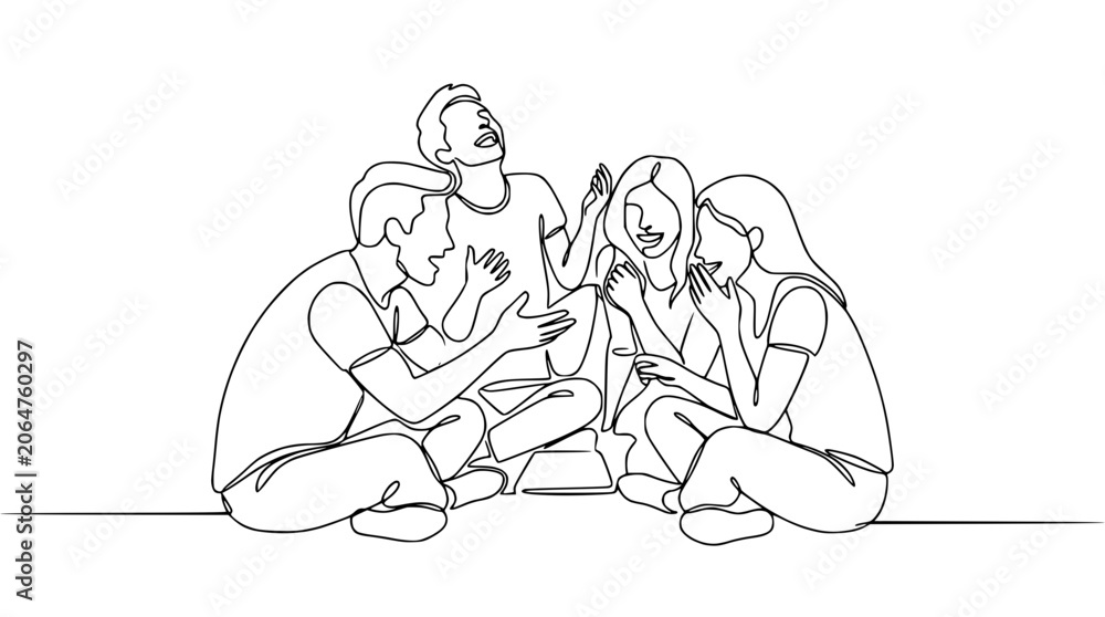 Obraz premium Friends laughing together, continuous line drawing, joyful gathering, simple illustration