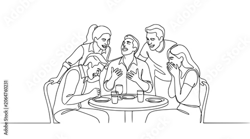 Obraz na plátně Group of friends laughing hysterically at a table, celebrating good times, line