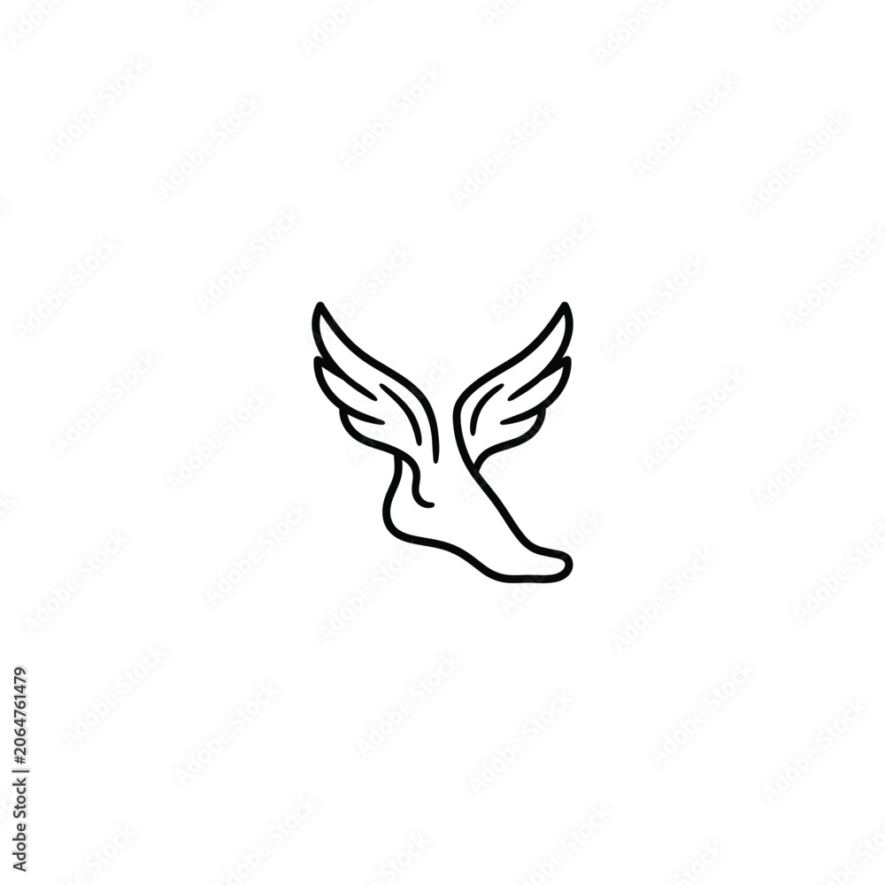 Fototapeta premium Minimalist flat vector illustration of a winged foot, representing Hermes or Mercury, isolated on a white background.
