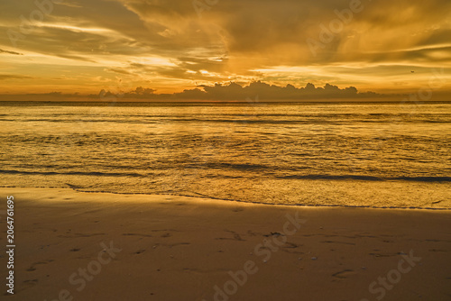 Golden Sunset Over Calm Ocean Waves and Sandy Beach, Dramatic Sky Seascape