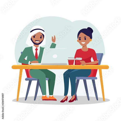 Arab Man and Woman Collaborating at a Desk with Laptop
