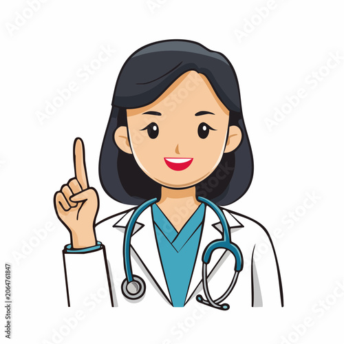Cartoon Doctor Woman Pointing Finger Up