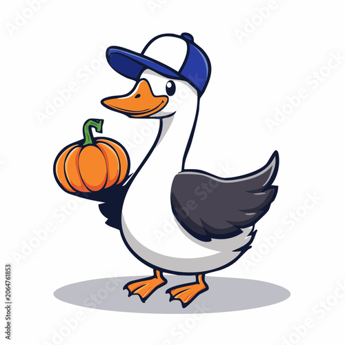 Cartoon Duck Wearing a Baseball Cap Holding a Pumpkin