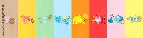 Canvas Print Colorful summer vacation essentials collection with swimwear, beach toys, and ac
