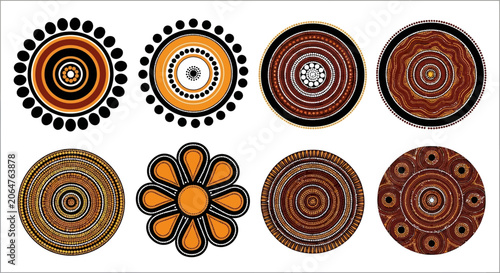 Foto aboriginal art designs, orange brown circular patterns, decorative motifs
