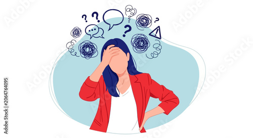 Fotografie Overwhelmed businesswoman with question marks, stress concept, illustration