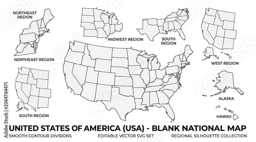 Photos USA Blank Map Divisions Silhouette Collection Editable Vector SVG Set