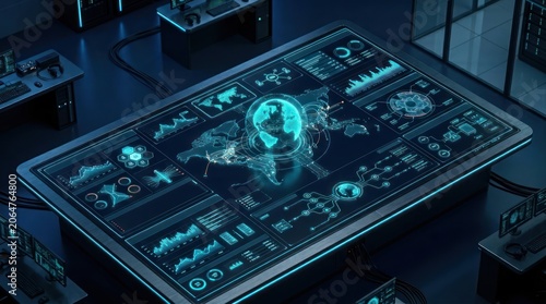 Futuristic digital interface displaying data and world map information