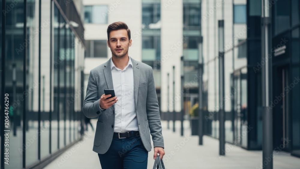 Fototapeta premium Businessman walking through modern city