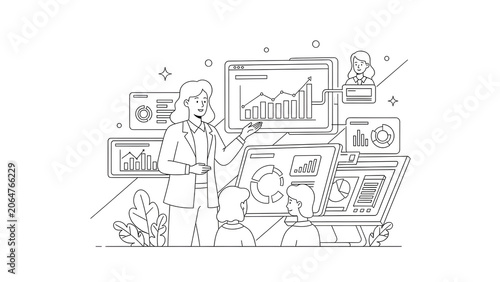 Businesswoman Presenting Data Analysis and Financial Growth Dashboards to Colleagues in Line Art