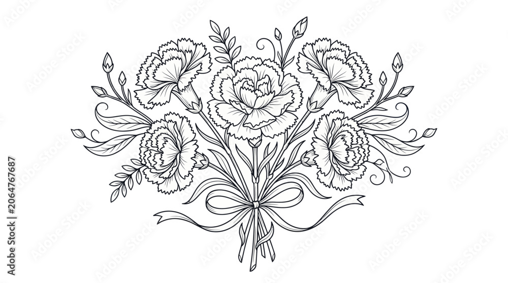 Fototapeta premium Hand-drawn Carnation Bouquet with Ribbon - Sketchy Floral Design
