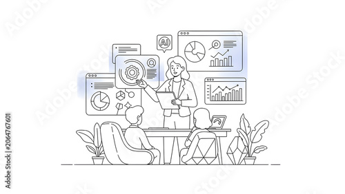 Female Executive Presenting Data Analytics and Artificial Intelligence Insights to Team in Modern Office