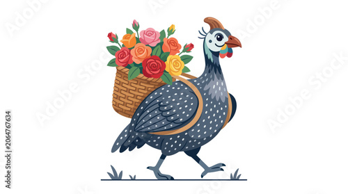 Foto Whimsical Guinea Fowl Carrying Basket of Colorful Flowers
