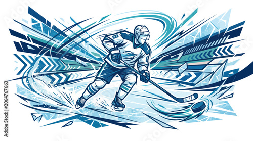 Canvas Print Dynamic Ice Hockey Player Action Illustration with Blue Abstract Motion Backgrou