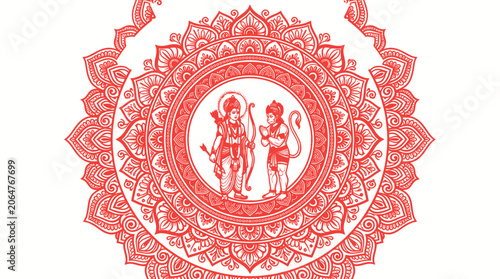 Photos Ramayana Hindu Deities Lord Rama And Hanuman In Mandala Design, Red