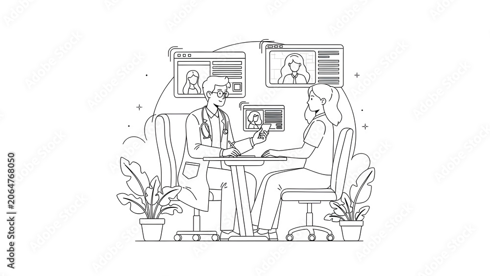 Obraz premium Professional Doctor Consulting Female Patient Online via Digital Platforms in Flat Line Art Style