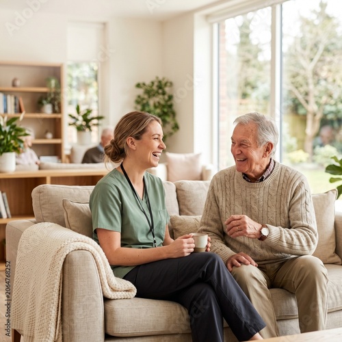 Happy female caregiver laughing with senior man while sitting on a sofa in a modern assisted living facility