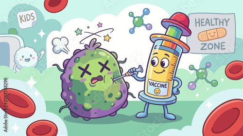 Cute cartoon vaccine character fighting germs.