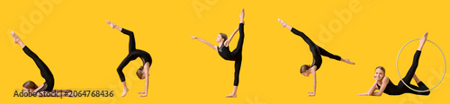 Фотография Young girl practicing rhythmic gymnastics poses, flexibility and balance trainin
