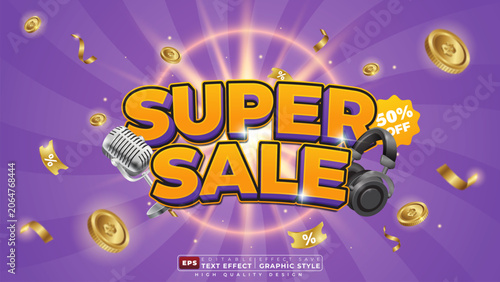 Editable 3d text effect super sale with headphone for banner template design