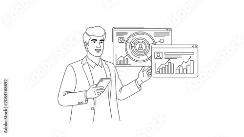 Businessman Analyzing Data Dashboard with Graphs and Charts Holding Smartphone Outline Illustration