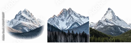 Panel kuchenny z motywem Set of majestic snow capped mountain peak with dark pine forest base isolated on transparent background beautiful alpine nature element for outdoor landscape design projects