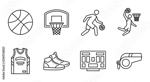 Photos 8 Basketball linear icon set hoop ball player shoes jersey scoreboard whistle, U